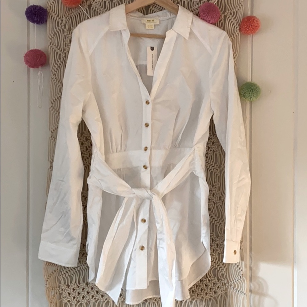 Anthropologie Maeve white tie waist button down